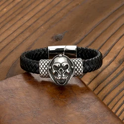 Simple European and American Style Men's Gothic Skull Stainless Steel Magnet Buckle Men's Bracelet Leather Bracelet