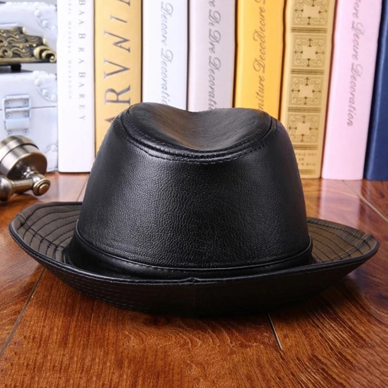 Retro Man High Quality Genuine Leather Jazz Fedora Gentleman Sheep leather Short Brim Black/Brown Top Hat Male Shows Topper