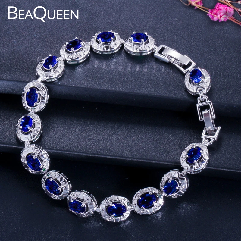 BeaQueen Famous Brand Dark Blue CZ Crystal Women Jewelry Fashion Oval Cut Cubic Zirconia Stone Tennis Bracelets Bangles B014