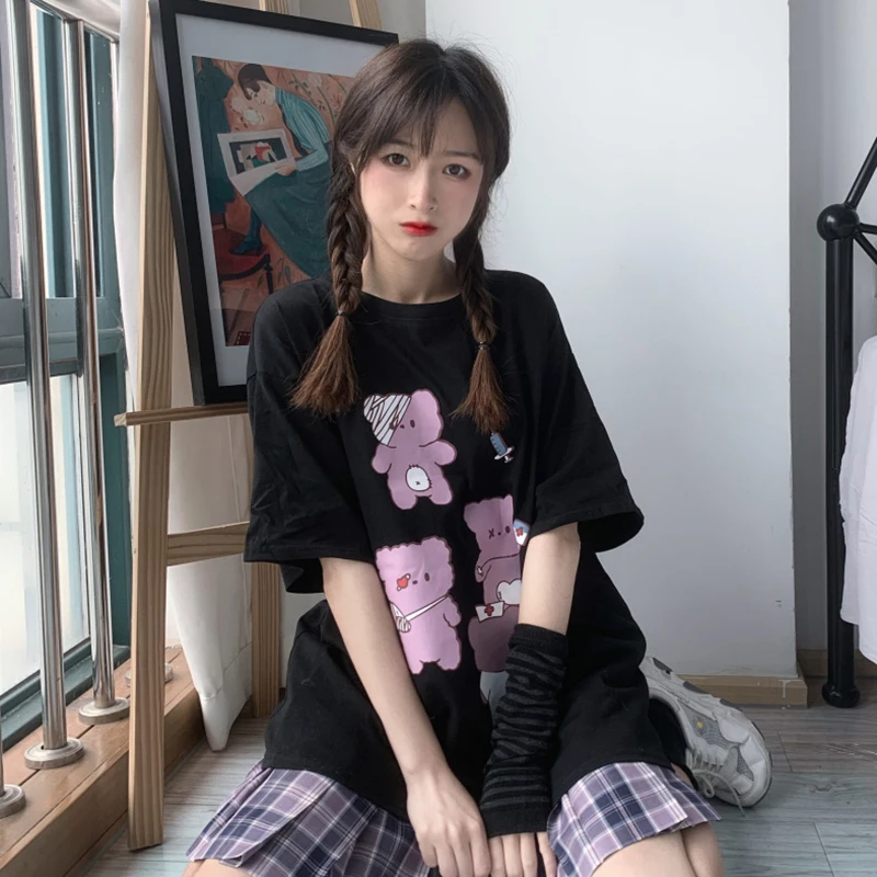 Japanese Retro Dark Cartoon Bear Printed Loose-Fit Short-Sleeved Student Mid-Length T-shirt Top for Women school girl uniform