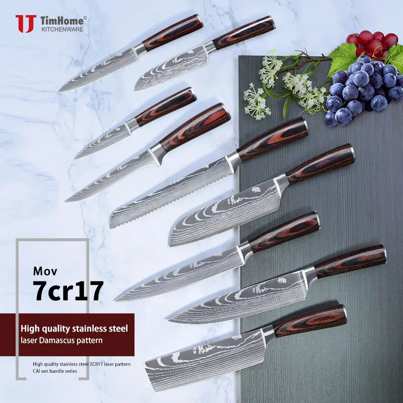 Timhome  Kitchen Knives Set Professional Japanese Damascus Laser Pattern 7CR17 440C High Carbon Stainless Slicing Santoku knife