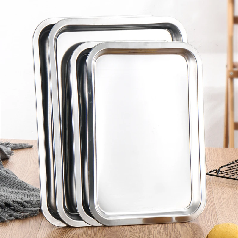 Thicken Stainless Steel Bakeware Rectangle Food Storage Shallow Trays Barbecue Fruit Bread Pans Baking Plates Kitchen Supplies