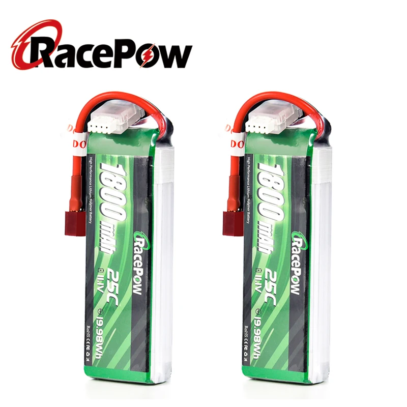 

RacePow 11.1V 1800mAh 3S 25C RC LiPo Battery with T Deans Plug For Vortex RC Car Boat Helicopter Airplane Drone RC Models 2 pcs