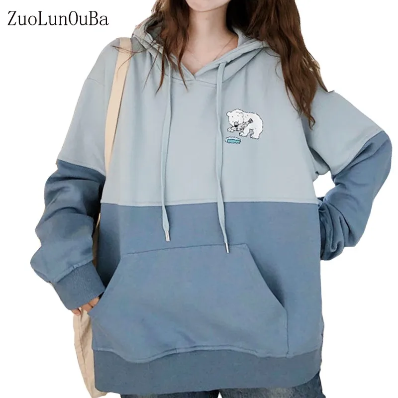 

Spring Autumn Women Coat Blue Cute Bear Print Sweatshirt Women Thicken Long Sleeve Hoodie Loose Splicing Pullover