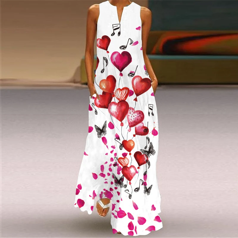 Sleeveless Long Dress 2021 Casual Beach Women Summer Dress Lady V Neck Heart pattern Printed Dresses Elegant Women's Sexy Dress