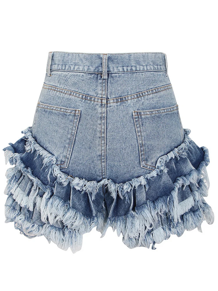 ONEINALL Casual Solid Fringe Hem Patchwork Denim Shorts For Women High Waist Short Trousers Females 2022 Autumn Fashion Clothing