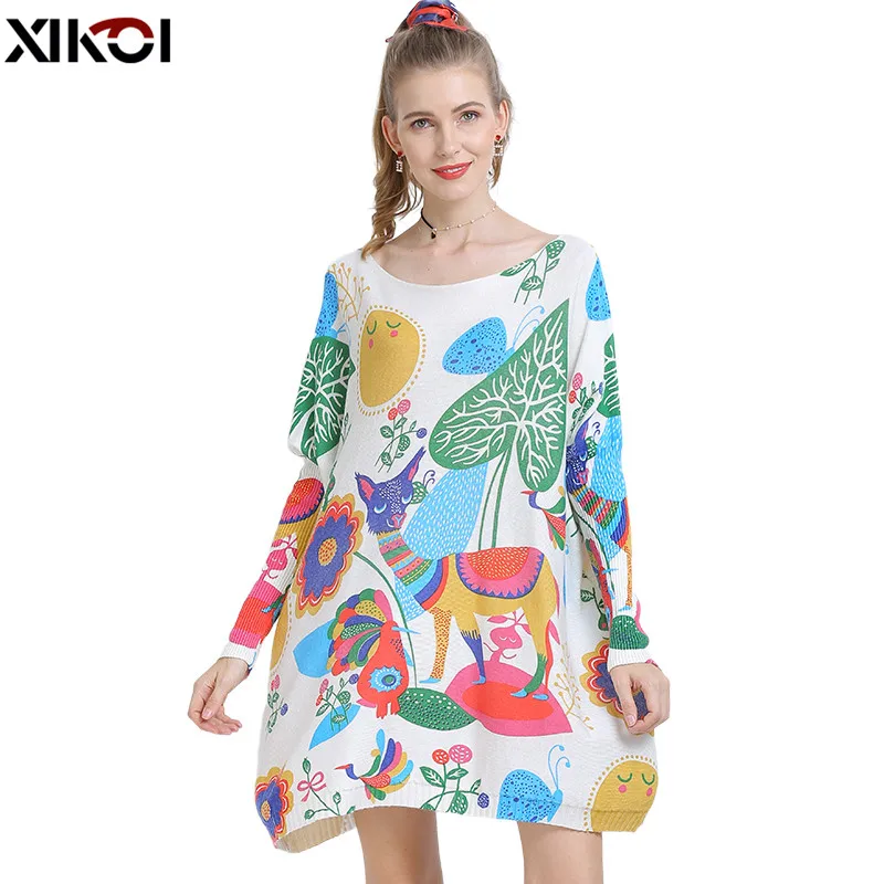 XIKOI Winter Wool Oversized Sweater For Women Warm Long Pullover Dresses Cartoon Print Jumper Casual Knitted Sweaters Pull Femme