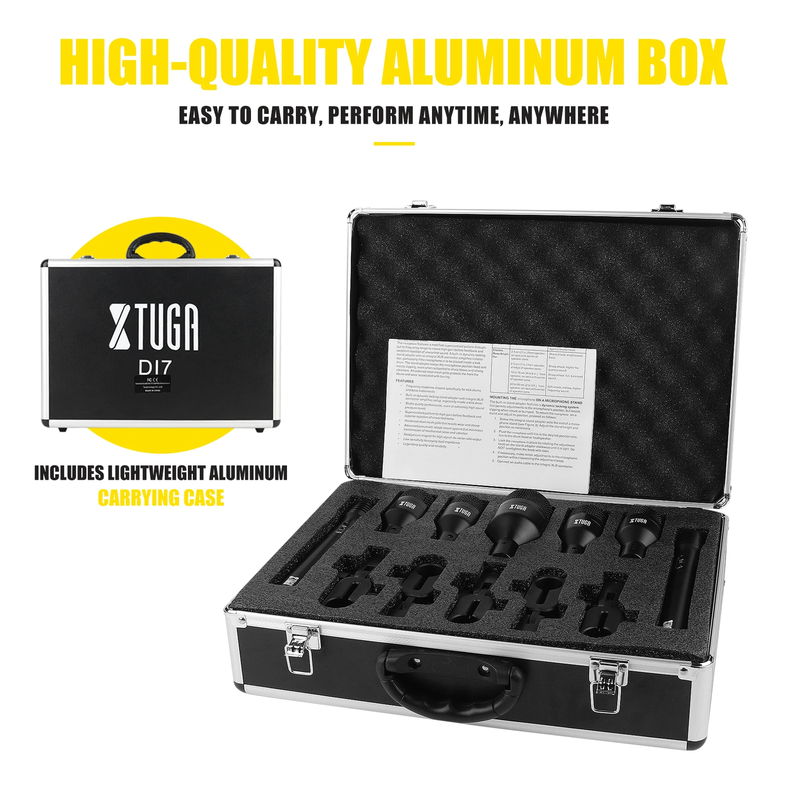 XTUGA DI7 Kit de micrófono de tambor dinámico con cable de 7 piezas, conjunto de micrófono de Metal completo, Kick Bass Tom/Snare y platillos, uso para tambores