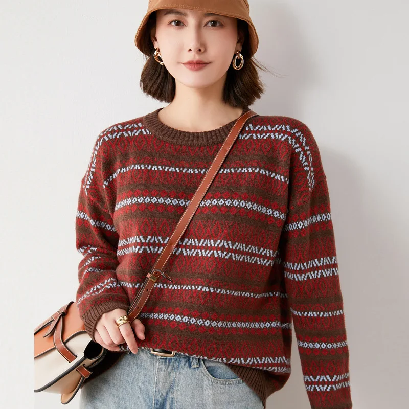 

MRMT 2024 Brand New Women's Crew Neck Sweater Korean Color Block Sweater Women's Ethnic Style Loose Thickening Base Shirt