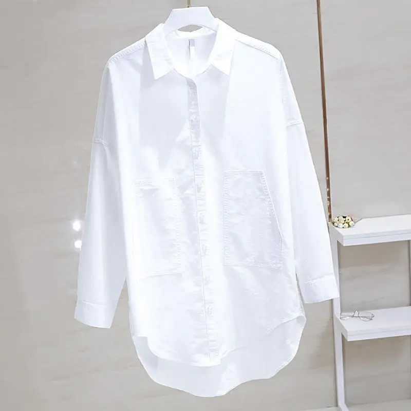 

Loose Shirts Womens 2021 Korean Tide Lapel Long Sleeve Cotton Tops Side Pockets Oversize Blouse BF Style Trend Button Up Shirts