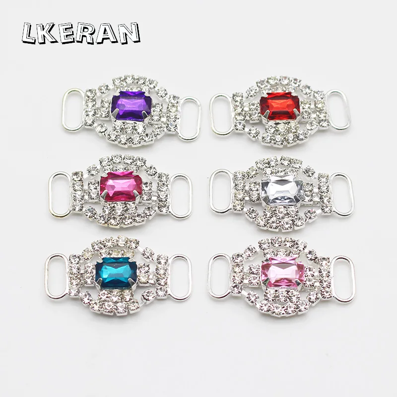 LKERAN 10Pcs 20*34mm Fashion Crystal Buckles Rhinestone Bikini Connector Ribbon Clothing Buckle