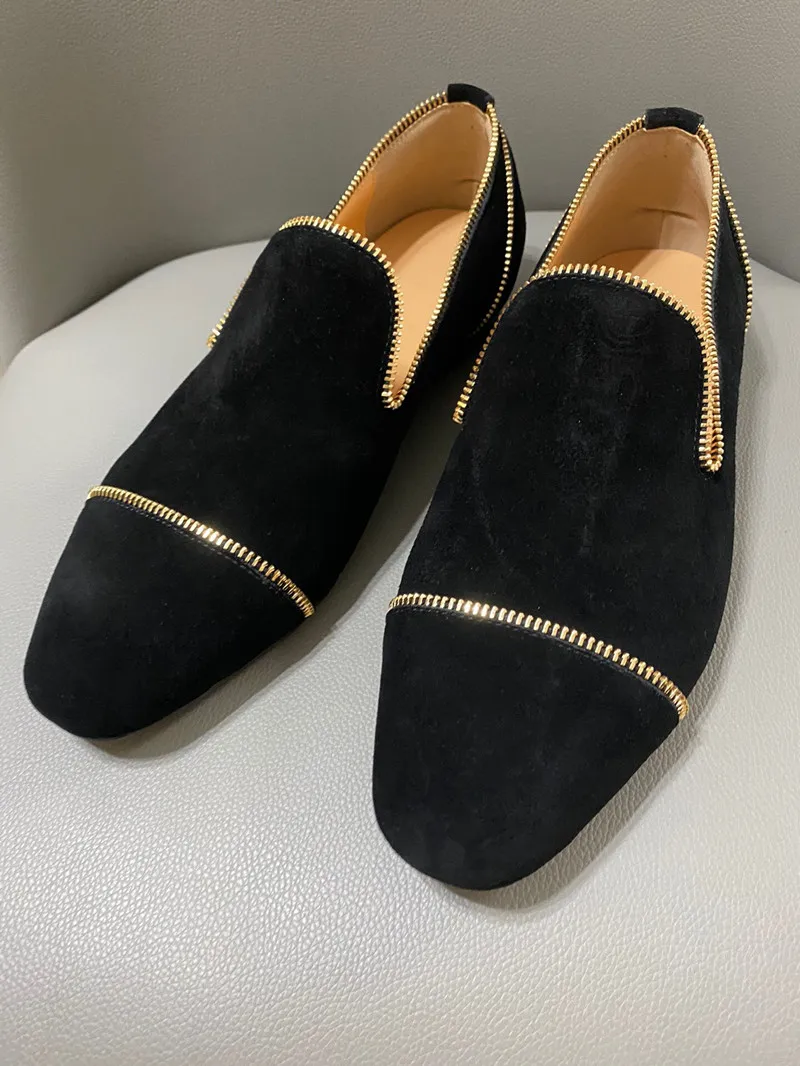 Luxury Men with Zippers Design Shoes Handmade Chaussure Homme Loafers Black Suede Fashion Men's Flats Wedding Oxfords Business