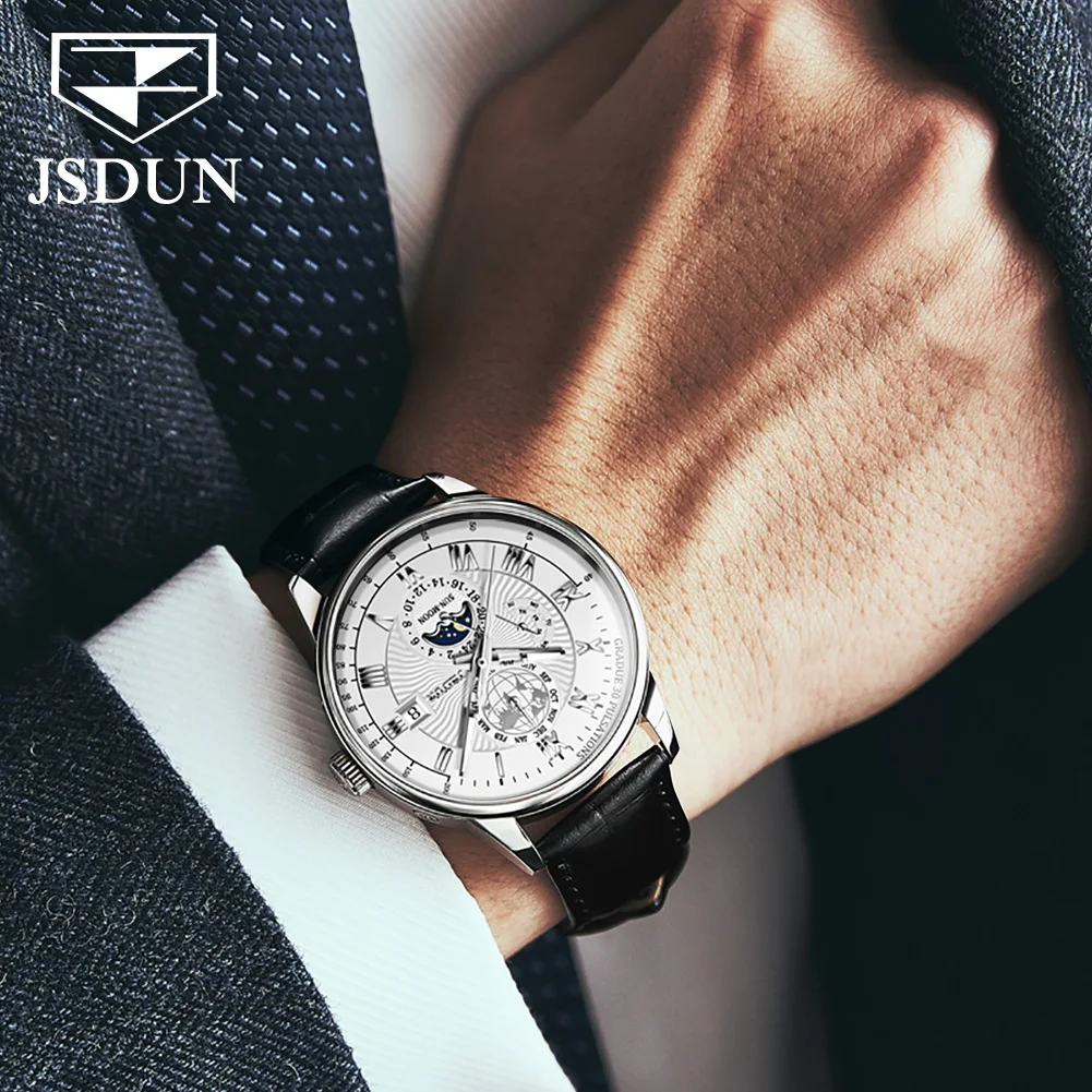 Luxury Brand JSDUN Moon Phase Automatic Wach Men Business Leather Automatic Mechanical Men\'s Wristwatches Waterproof Clock Male