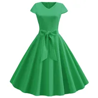 Women Summer Vintage Dress With Belt Short Sleeve V neck Elegant Retro Swing Party Dresses - Image 5