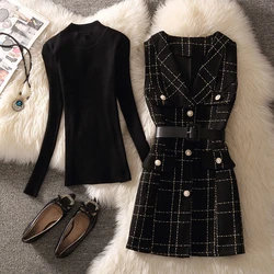 Vintage Mid-length 75cm Plaid Tweed Vest Jacket Women 2 Piece Set Elegant Pearl Button Belted V Neck Waistcoat Knitted Sweater