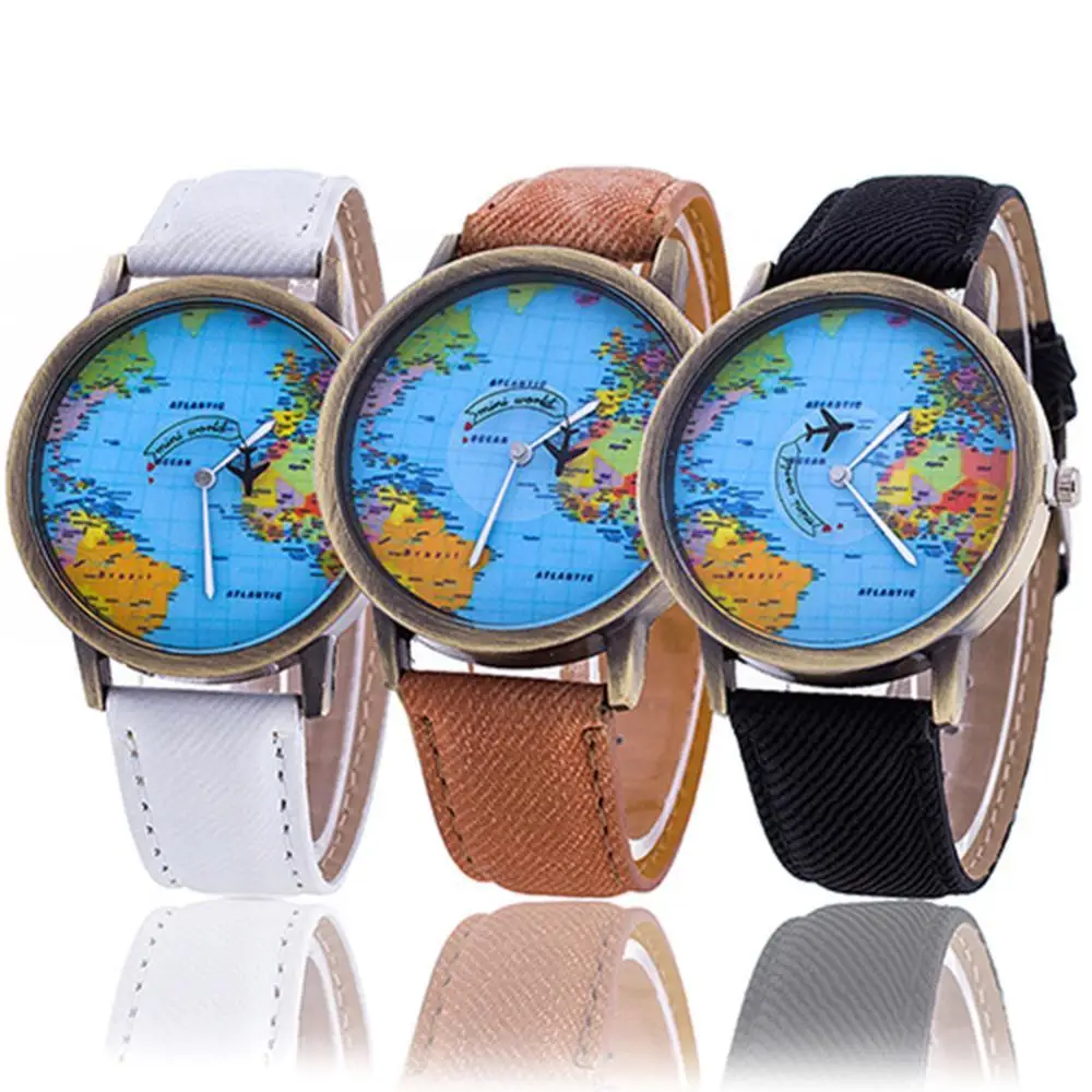 Mini World Quartz Watch para homens e mulheres, mapa unisex, avião, viagem, relógio de pulso de couro, relógio de moda, venda quente