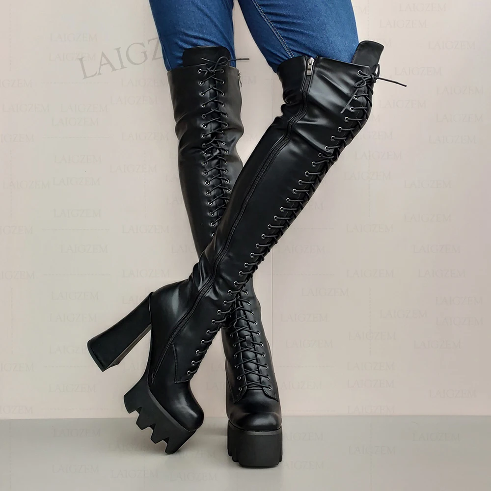 SEIIHEM Women Over Knee High Boots Platform Thick Block Heels Boots Tall Black Side Zip Handmade Shoes Woman Big Size 34 38 41