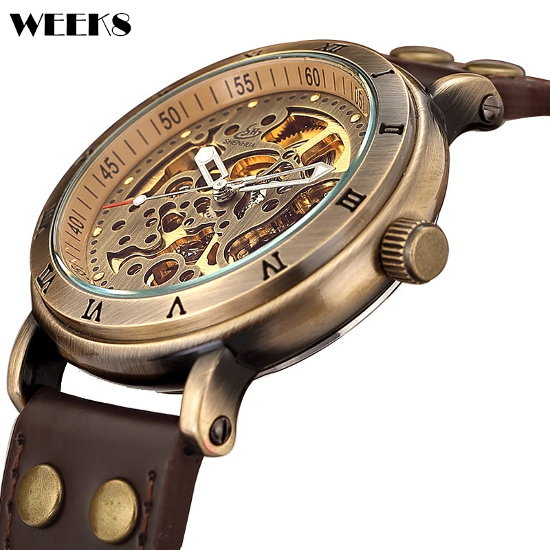 

Vintage Men Automatic Mechanical Watch Bronze Roman Numeral Skeleton Steampunk Leather Self Winding Male Mens Wristwatch Clock