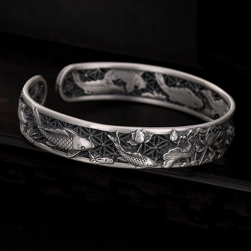 

Real Pure 100% S999 Sterling Silver colour Bangles Carved Fish and Lotus Hollow Design Cuff Bracelets Women Luxury Jewelry gift