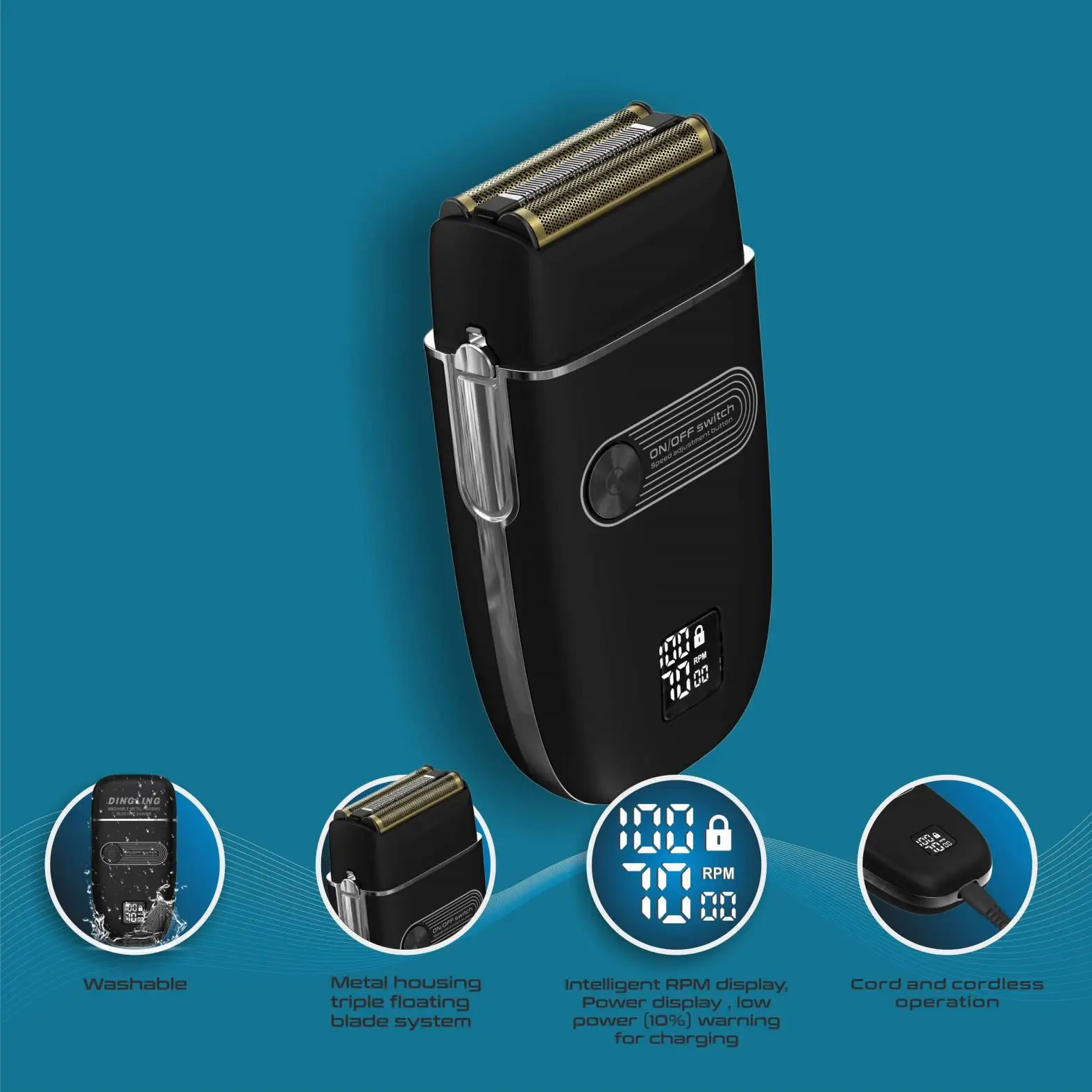 Dingling-Professional Acabamento Shaver, 3-Speed Barbeador Elétrico, Bald Head Shaving Machine, Navalha de barba, RSCW-5009