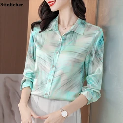 Striped Satin Silk Shirt Women Tops Spring Autumn Blouses Elegant Fashion Print Office Ladies Work Shirts Clothes 2022 New