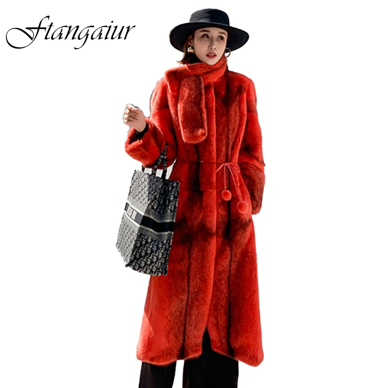 

Ftangaiur Winter Import Crown Velvet Mink Fur Overcoats For Femal Sashes Slim Natural Mink Coat Women's X-Long Real Fur Coats