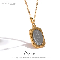 Yhpup Stainless Steel Flowers Square Pendant Necklace for Women Fashion 18 K Chain Collar Necklace Accessories Gala Gift New