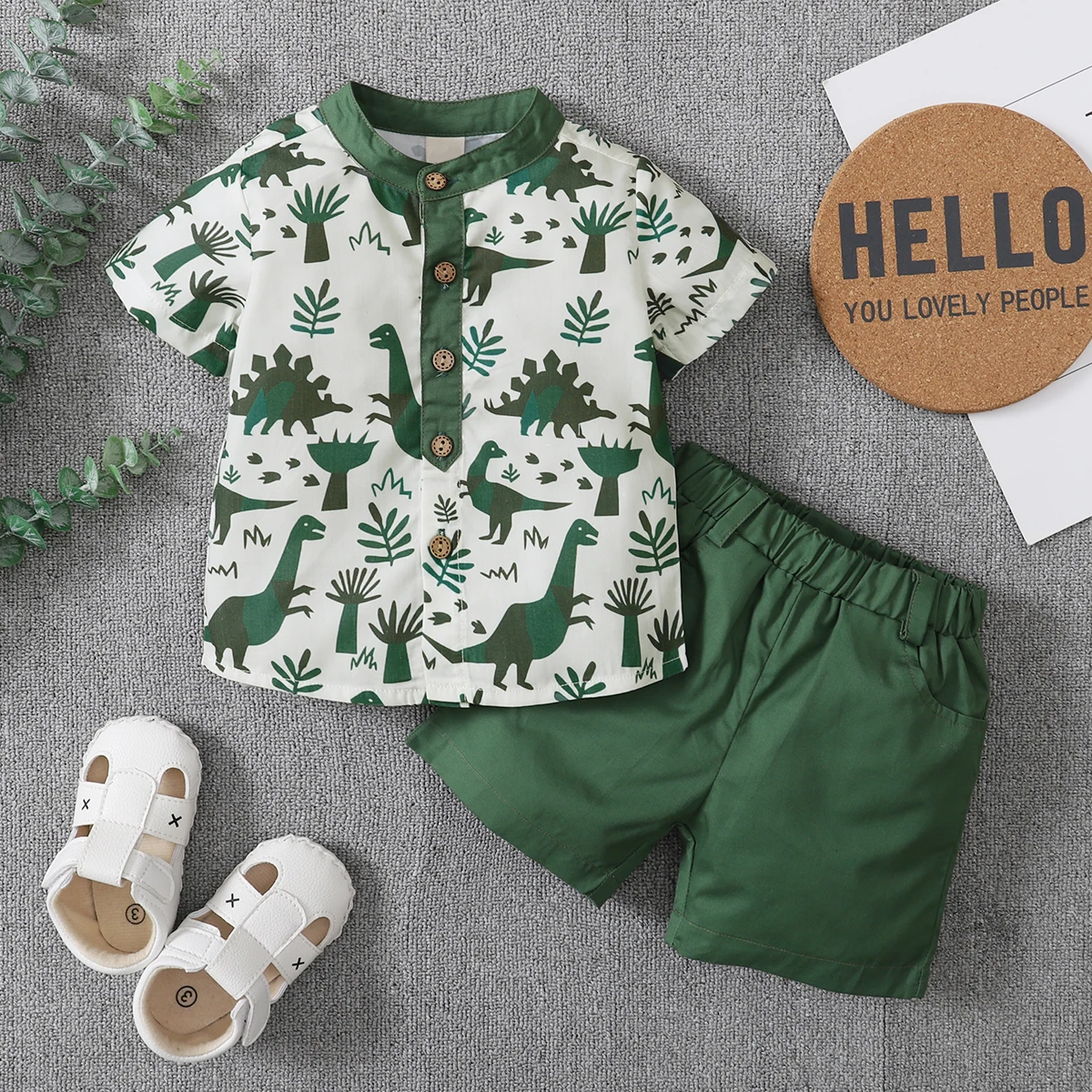 2021-04-02 Lioraitiin 0-5Years Toddler Boy 2Pcs Summer Outfits Short Sleeve Button Down Shirt Solid Elastic Waist Shorts Set