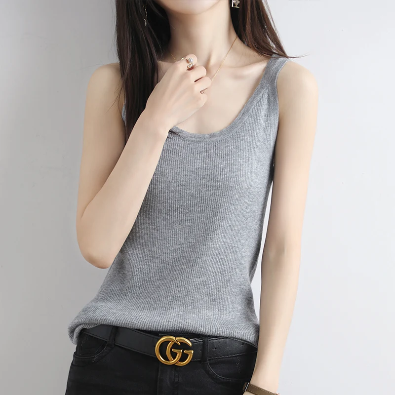 New Women Sexy 100% Worsted Wool Vest Crop Fashion Tops V-Neck Camisole Summer Tank Shirt Ladies Slid Knit Camisole Bottoming