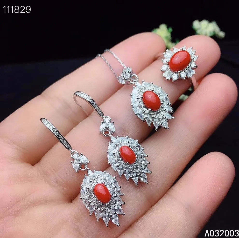 

KJJEAXCMY Fine Jewelry 925 sterling silver inlaid natural red coral ring pendant earring set popular supports test