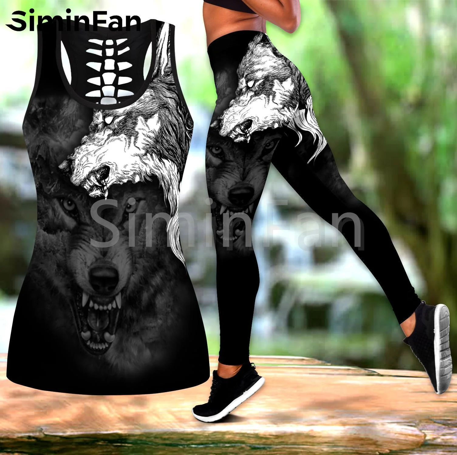 

Animal Wolf Spirit Tattoo Combo Outfit Two Piece Yoga Set Women 3D Print Hollow Out Tank Top Legging Summer Vest Casual Pants