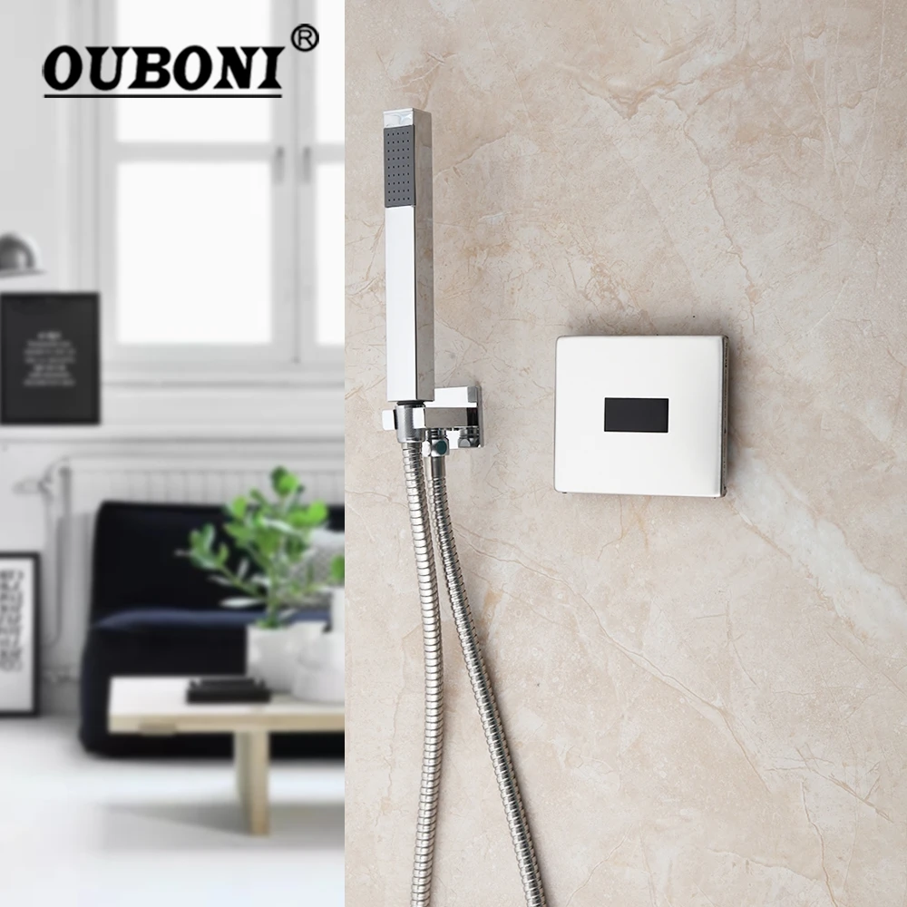 

OUBONI Chrome Polish Sensor Bathroom Shower Faucet Solid Brass Rainfall Wall Mounted Single Hand Shower Set Free Touch Control