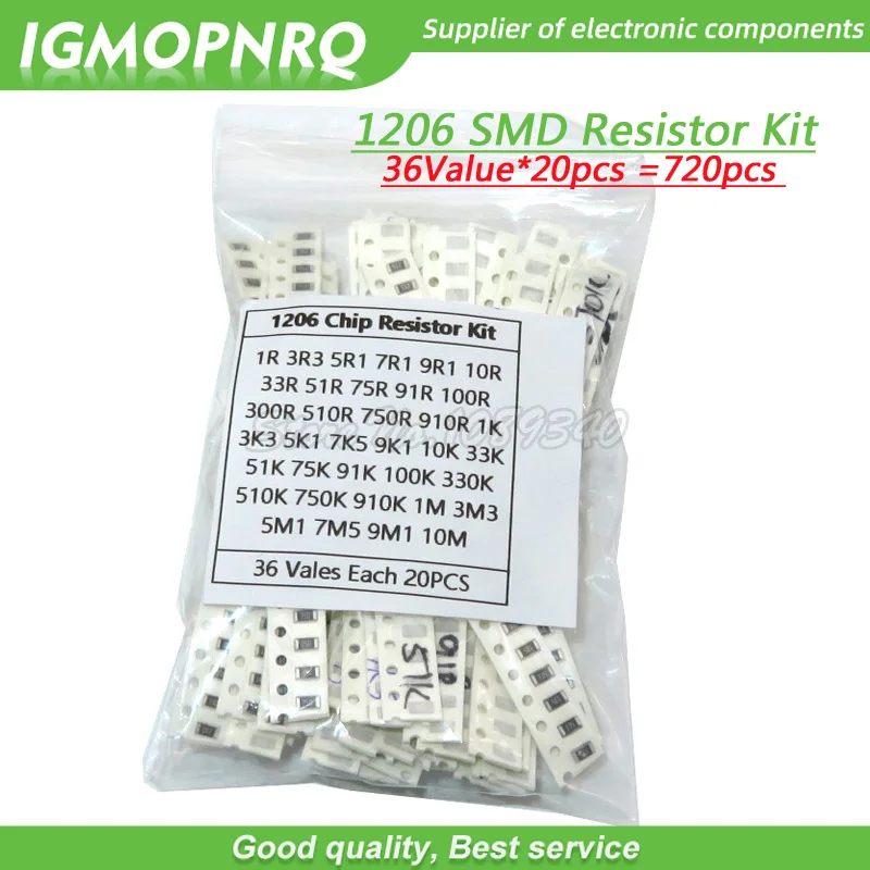 

36Value each 20pcs =720pcs 1206 SMD Resistor Kit 1/4W 0.25W 5% 1 ohm~10 Mohm component diy kit 1R 3.3R 5.1R 1K 10K 100K 1M 10M