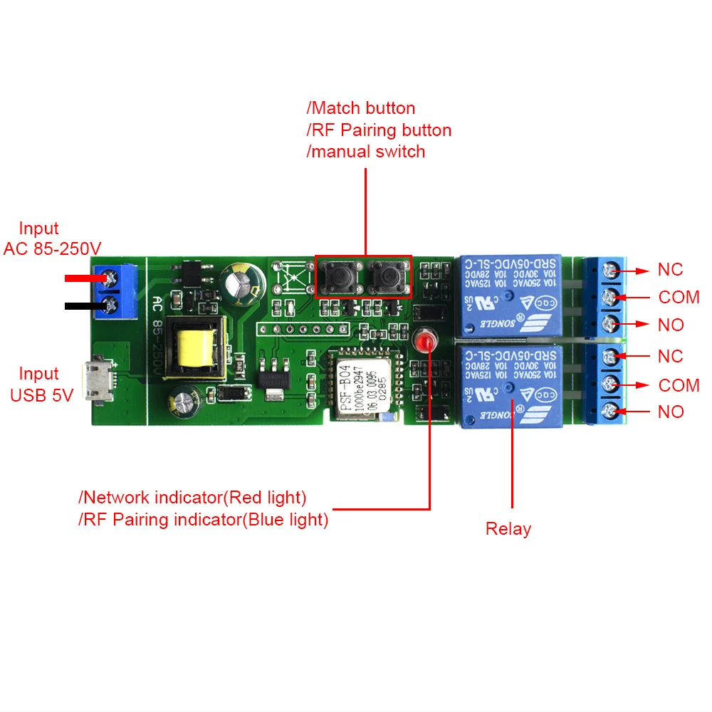 Imagem -05 - Ewelink Canais Wifi Inteligente Interruptor de Controle Remoto sem Fio Receptor ac dc 732v 85250v 2200w 10a rf 433mhz 2ch Relé para Alexa