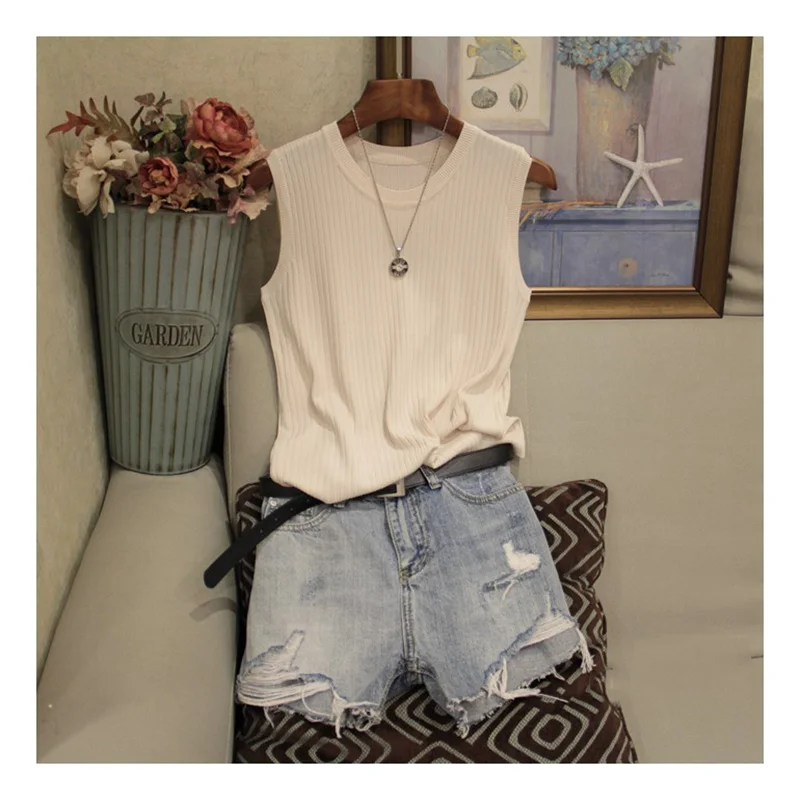 Knitted Vests Women Top O-neck Solid Tank Fashion Female Sleeveless Casual Thin Tops 2021 Summer Knit Woman Shirt Gilet Femme