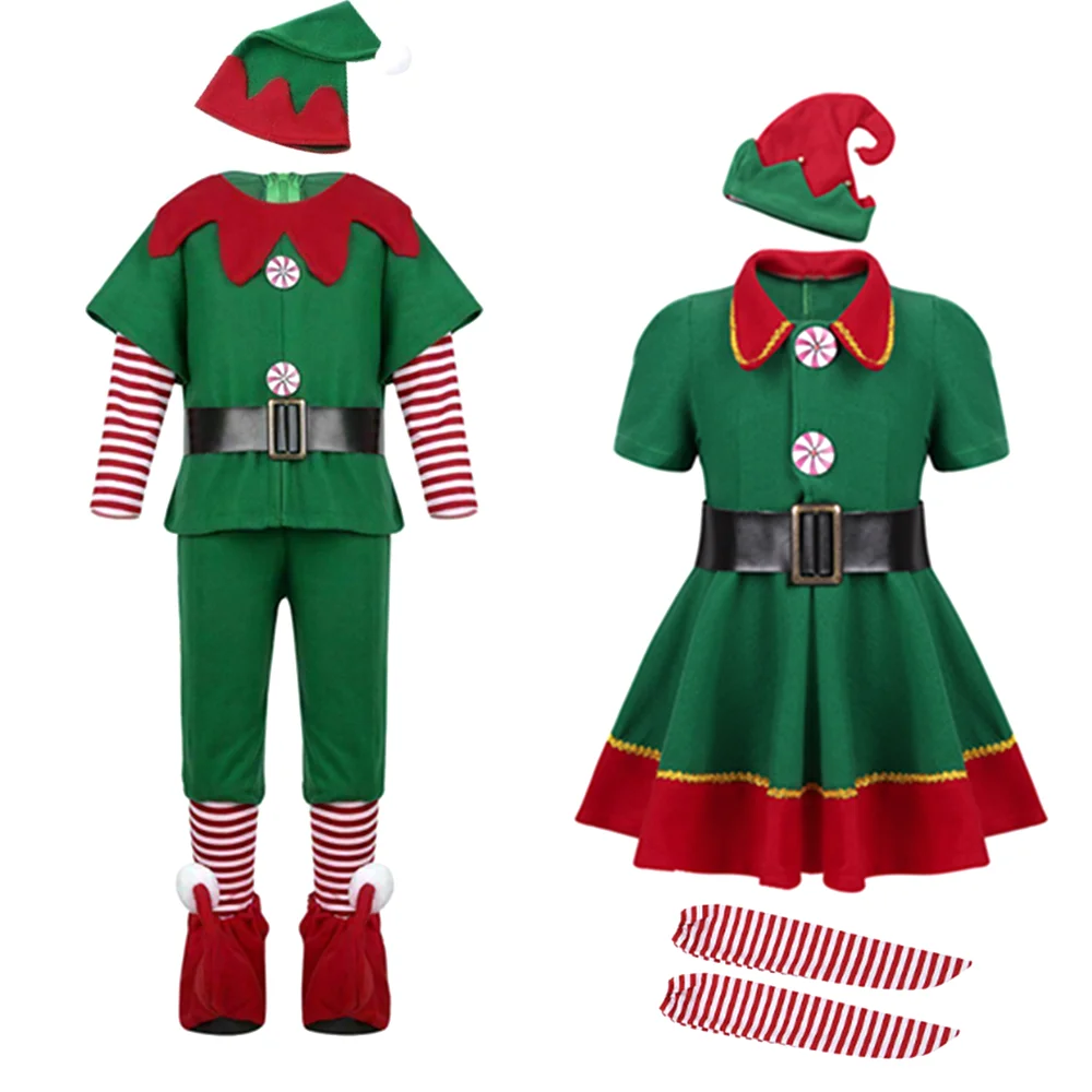 Christmas Santa Claus Costume Green Elf Cosplay Family Carnival Party New Year Fancy Dress Clothes Set For Men Women Girls Boys