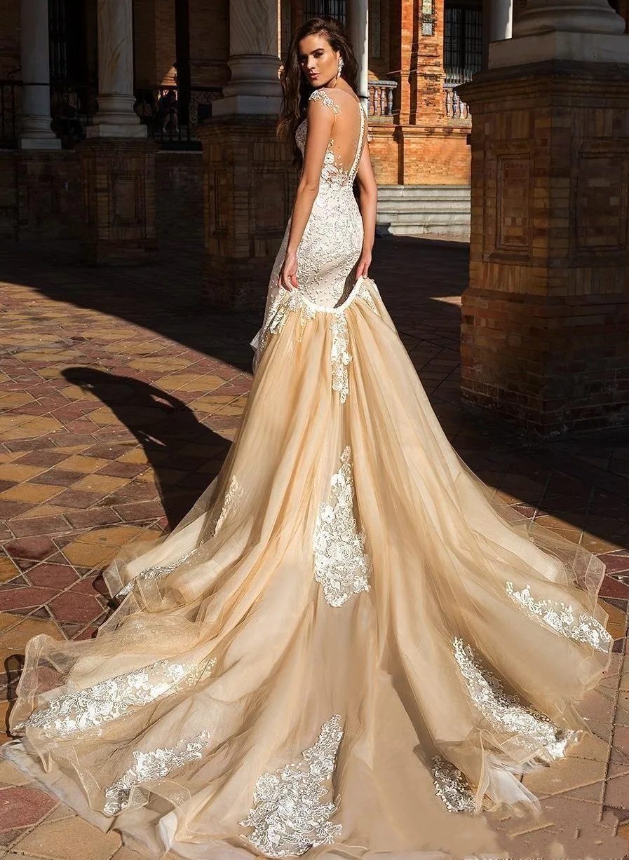 Robe De Mariage Sexy New Champagne abiti da sposa 2023 pizzo Appliqued staccabile Train guaina abiti da sposa Vestido De Novia