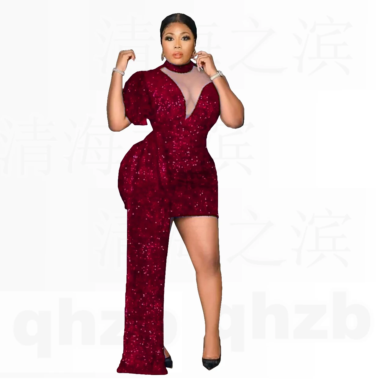 تخصيص جديد في الترتر الأزرق الملكي عالية الرقبة حورية البحر الطبيعية صغيرة/فوق الركبة فساتين لحضور الحفلات الموسيقية/النساء فساتين كوكتيل 2025