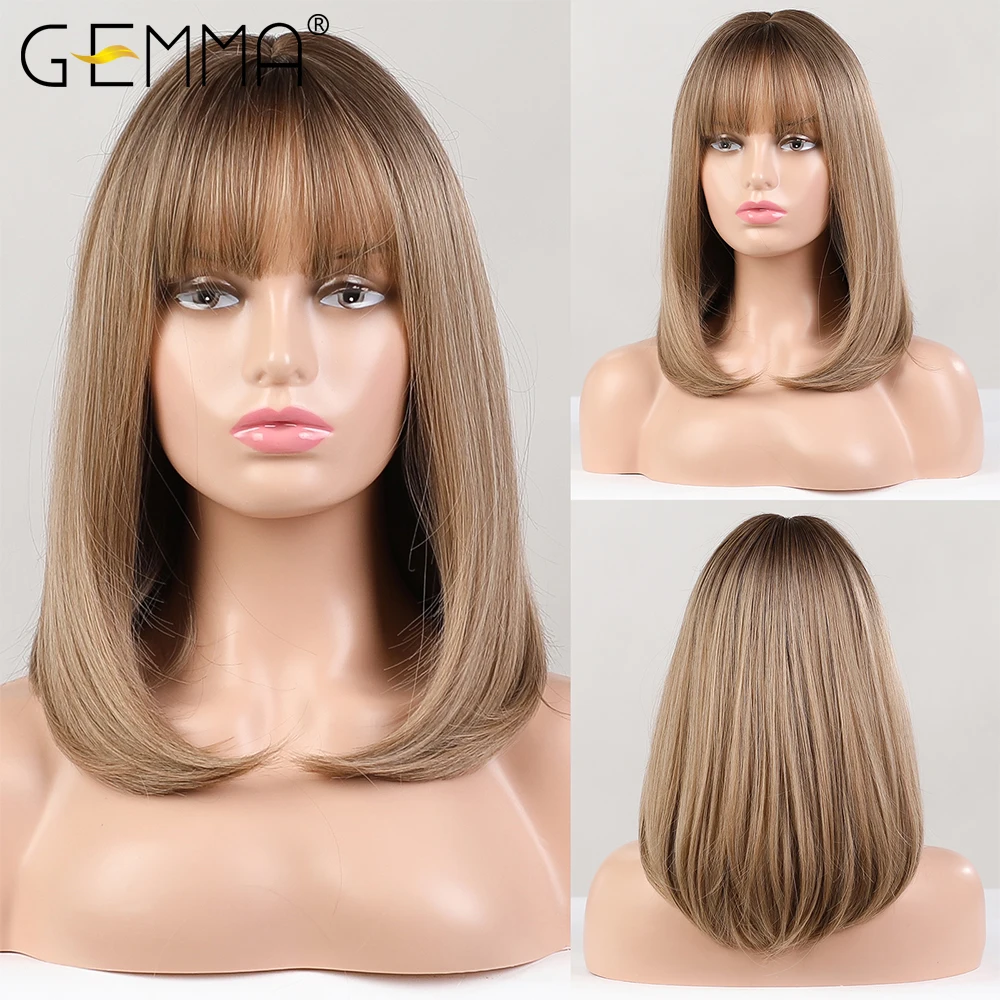 GEMMA Ombre Brown Blonde Synthetic Wig with Bangs Shoulder Length Straight Wig for Women Heat Resistant Fibre Cosplay Daily Hair