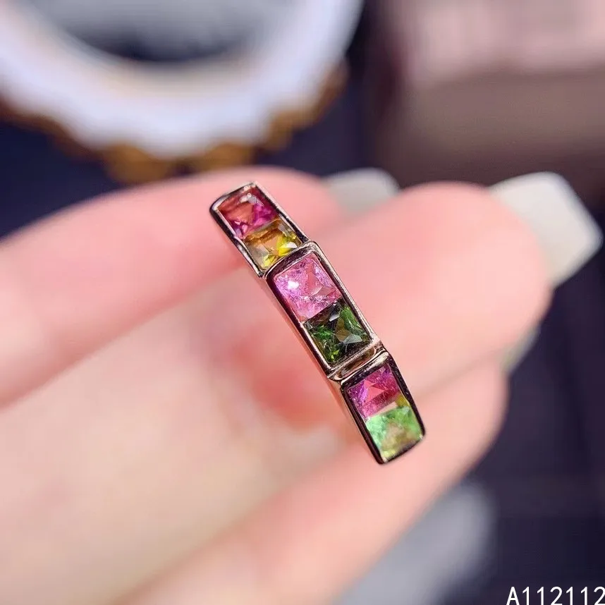 

Fine Jewelry 925 Sterling Silver Inset With Natural Gemstones Women's Popular Fashion Square Color Tourmaline Ring Support Detec