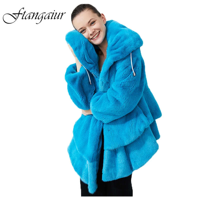 Ftangaiur Winter Import Velvet Mink Coat With Fur Hood Light Color Slim Mink Coat Women Medium Real Natural Mink Fur Coats