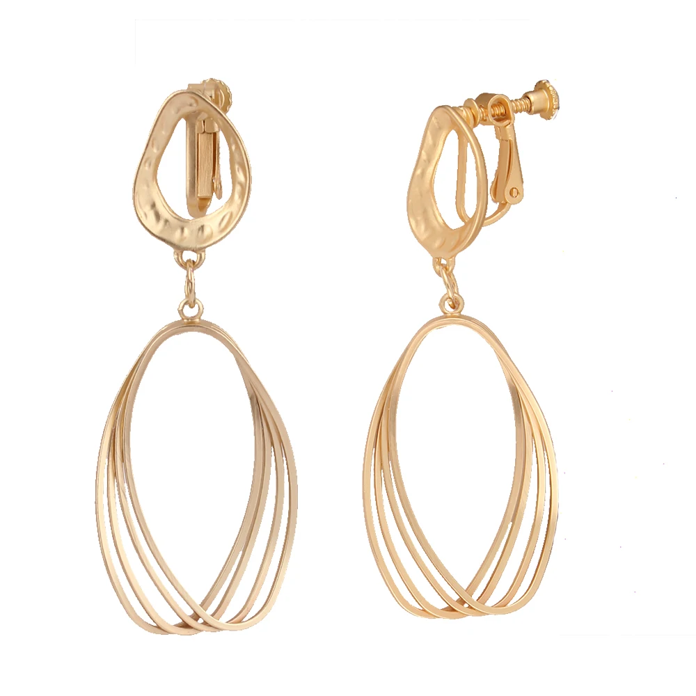 GRACE JUN Korea Style Gold Color  Copper Material Geoemtric  Clip on Earrings Without Pierced Elegant Cuff Ear Clip Anti-allergy