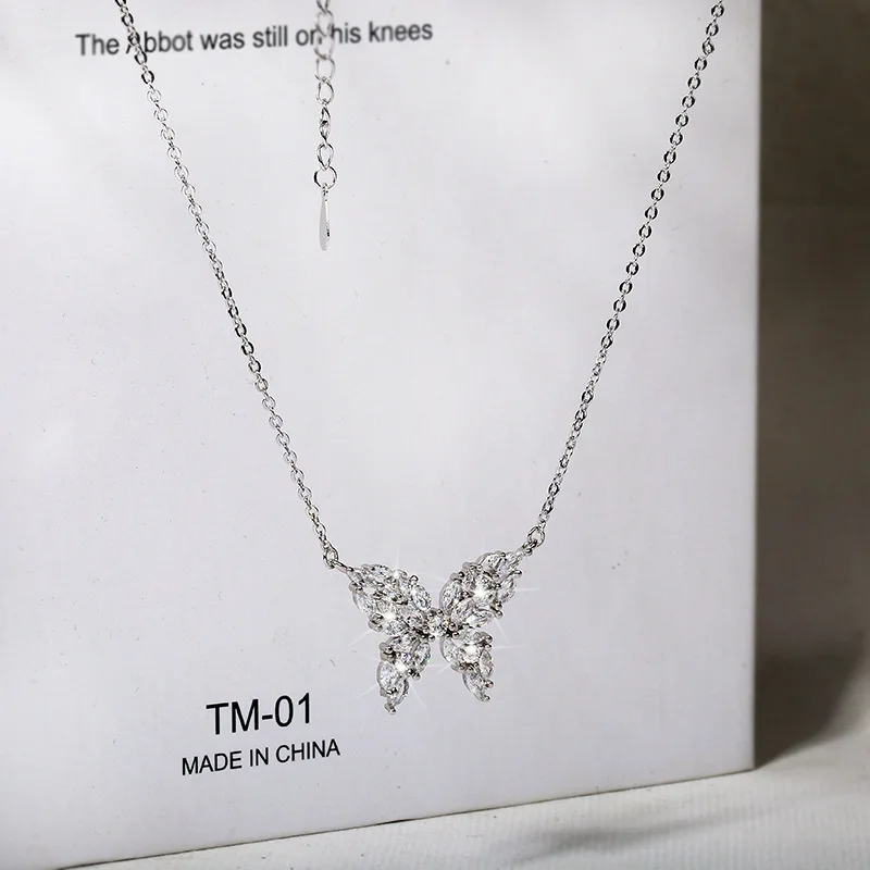 Hot Sale Fashion Jewelry Exquisite s925 Silver Inlaid Zircon Necklace Elegant Butterfly Prom Party Necklace for women