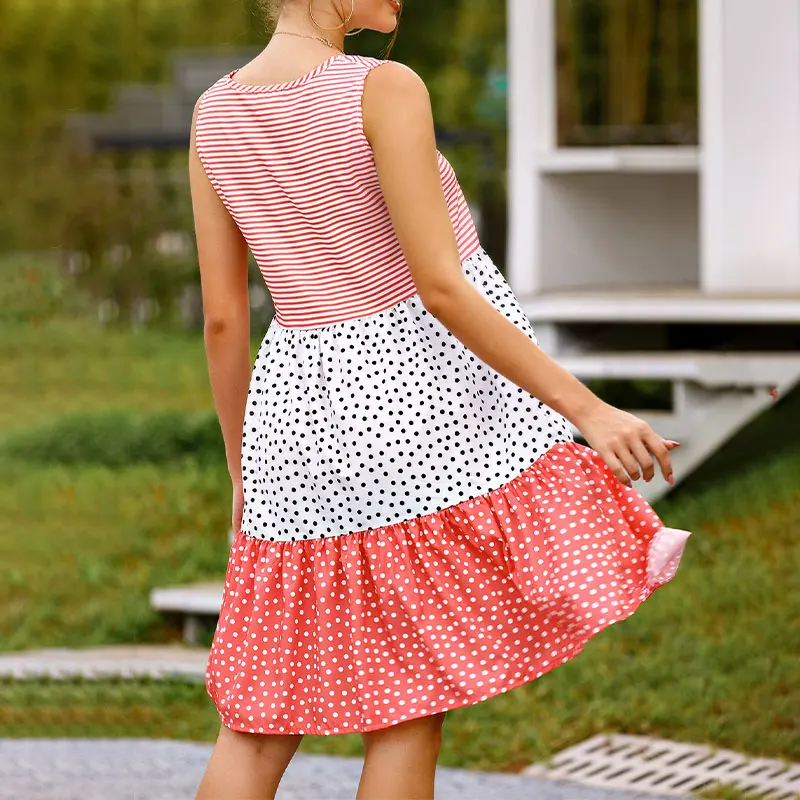 Women Polka Dot Striped Dress Sweet Pink O-Neck Sleeveless Patchwork Loose Waist Ruffles Dresses Female Summer Casual Plus Size