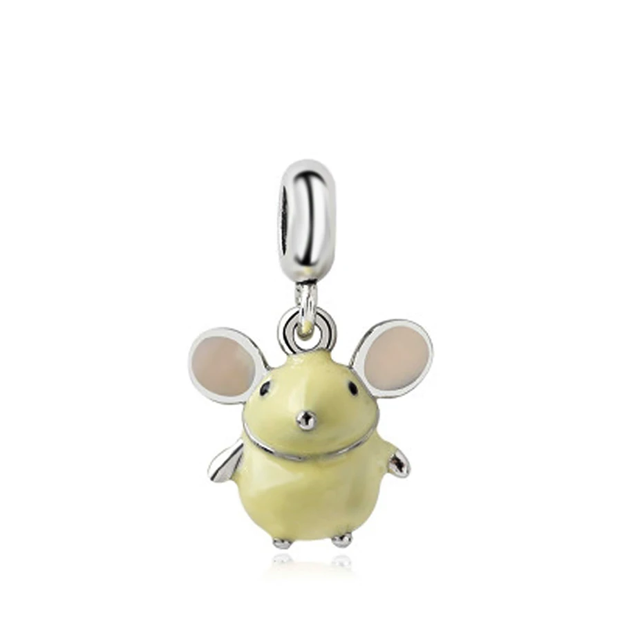 DINGLLY 2pcs 2020 Enamel Mouse Pendant Big Ears Mouse Zodiac Rat Charms Fit Brands Bracelet Bangle Animal Necklace Kids Jewelry