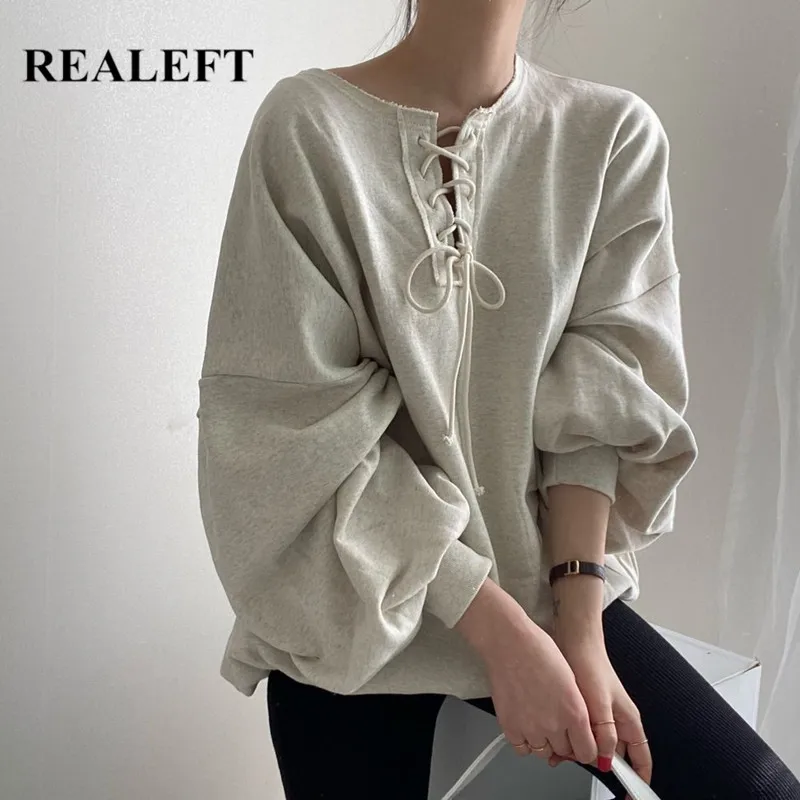 

REALEFT 2021 New Autumn Women's Blouse Vintage Retro Solid Lace Up Front Lantern Sleeve Casual Loose Lady Pullovers Tops Female