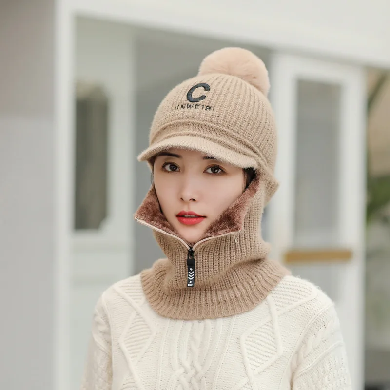 Letters C Knitted Beanie Scarf Set For Woman Girl Curved Brim Autumn Winter Hat Zipper Pompoms Cycling Ski Hunting Hat