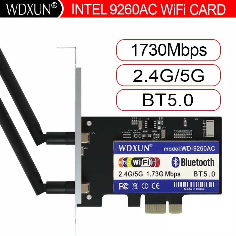 Komputer stacjonarny Bezprzewodowy Intel 9260 9260ac Dwuzakresowy 1730 Mb/s MU-MIMO Windows 10 WiFi Bluetooth 5.0 Gaming Wlan PCI-E 1X Card