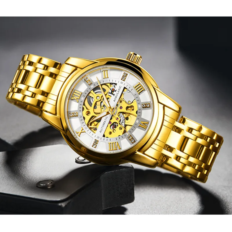 Gorben Men Automatic Skeleton Mechanical Watch Stainless Steel Band Male Self-winding Mechanical Clock Wristwatch