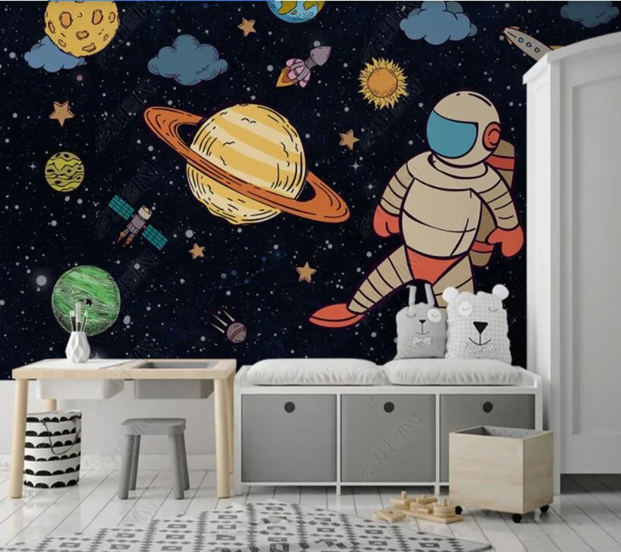 Custom papel parede minimalist hand-painted space planet rocket children's room for living room bedroom decoration wallpaper